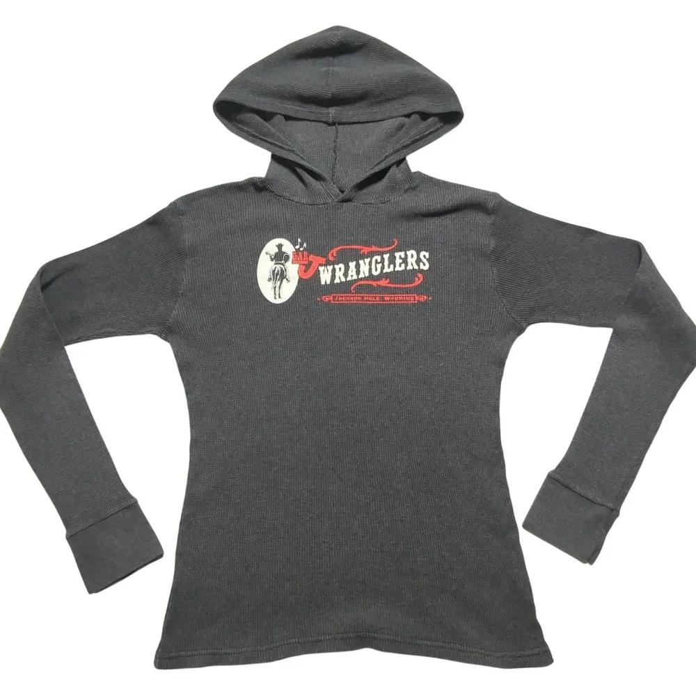 Bar J Wranglers Jackson Hole Wyoming‎ Thermal Hoodie Gray Waffle Knit Large USA